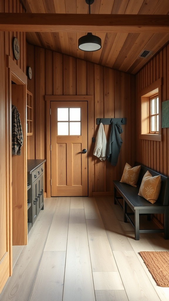 A cozy mudroom showcasing wooden walls, a door with a window, a bench with cushions, and hooks for hanging coats.