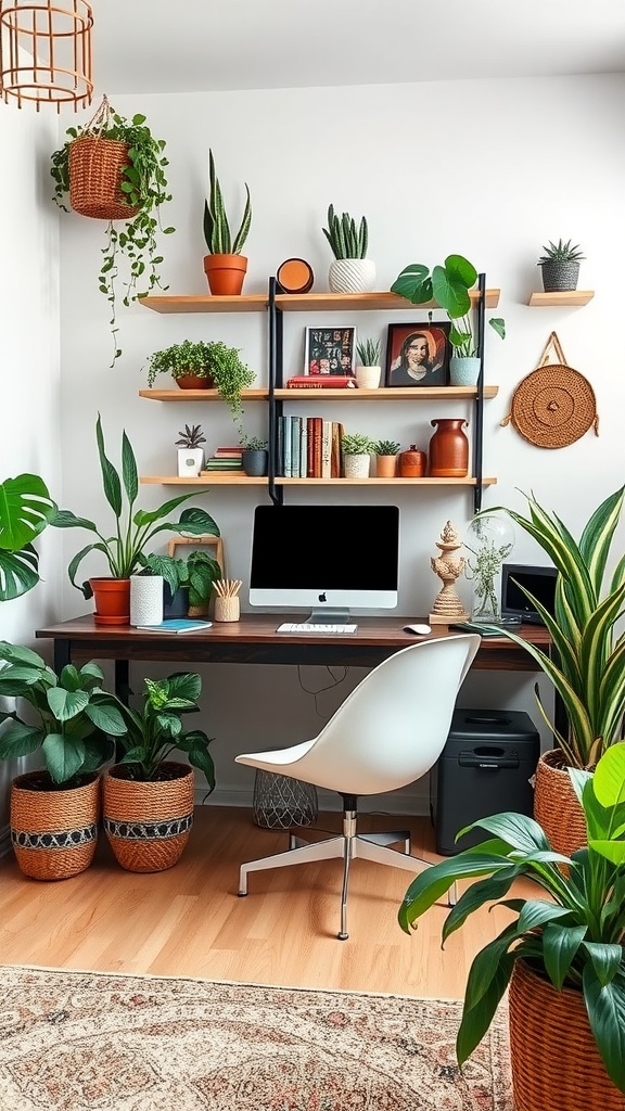 A boho-style office with plants, a desk, and a computer.