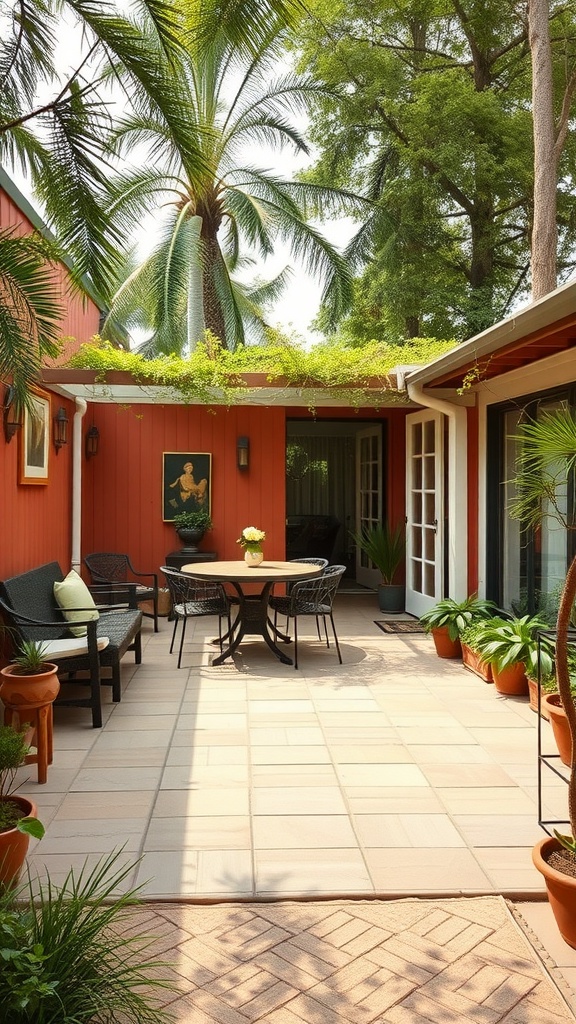A cozy outdoor patio featuring plants, seating, and a dining table, reflecting 70s design style.