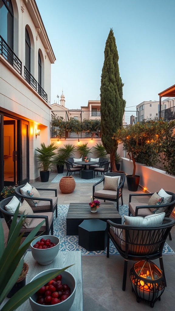 A stylish outdoor patio with comfortable seating, plants, and decorative elements.