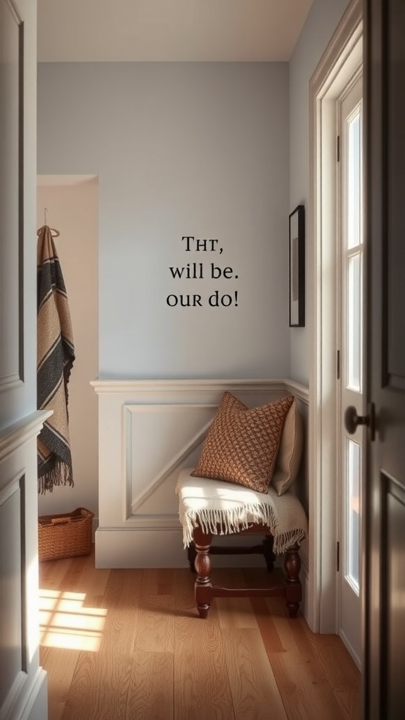 Cozy hall seating area with a chair, throw blanket, and decorative pillow