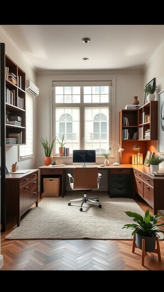 A stylish and functional Italian-inspired workspace with wooden furniture and ample natural light.