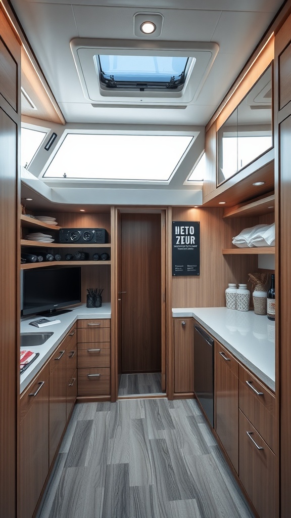 Interior of a luxury yacht showcasing functional storage solutions.