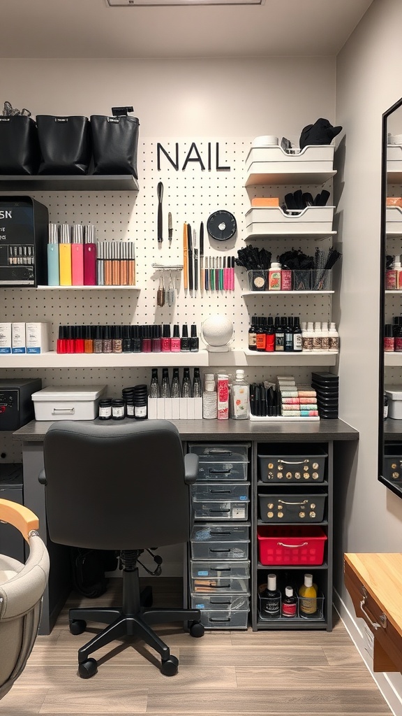 Interior of a nail salon showing organized storage solutions including pegboards and clear bins.