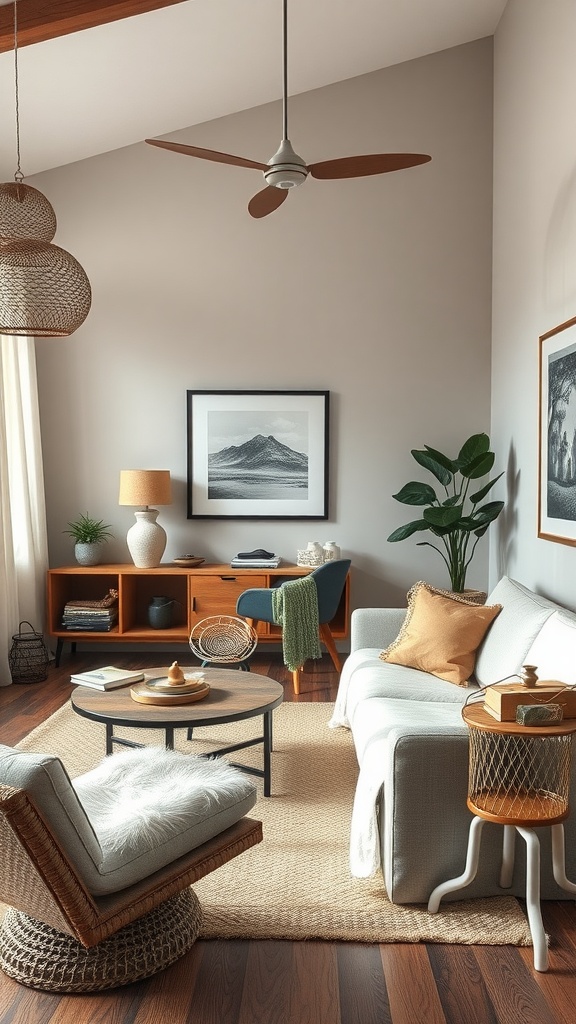 A cozy boho living room with stylish furniture and decorative elements.