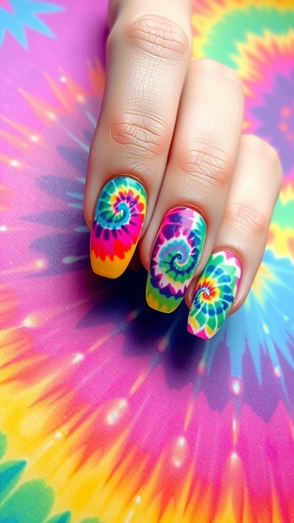 Close-up of colorful tie-dye nails on a bright background