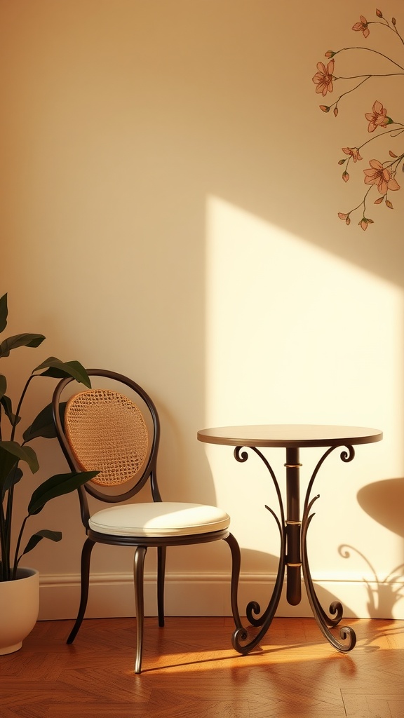 A stylish Art Nouveau chair and table in a bright interior setting