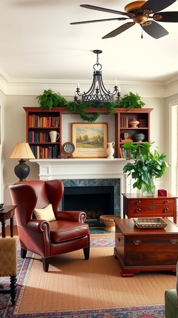 Cozy living room featuring colonial chic interior design with leather chair, wooden furniture, and plants