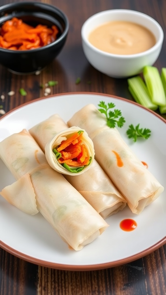 Keto egg rolls on a plate with dipping sauces
