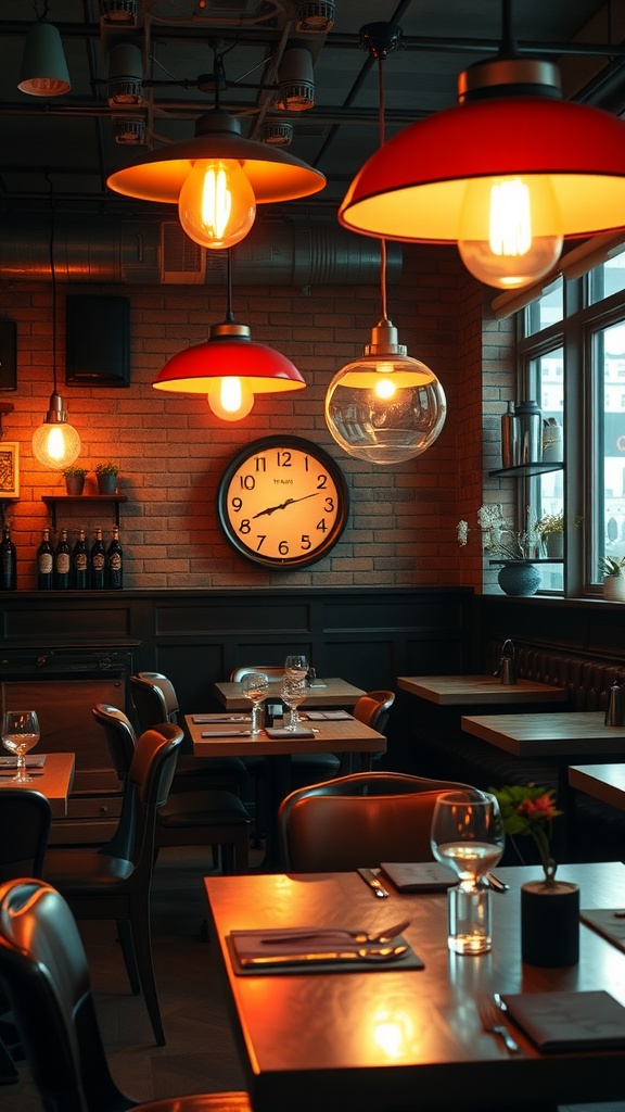 A cozy restaurant interior featuring retro-style lighting fixtures and a vintage clock.