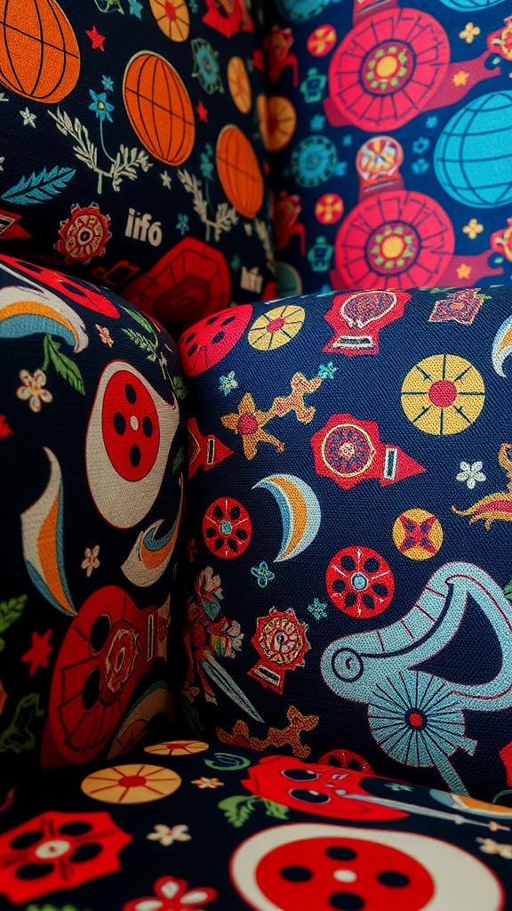 Close-up of colorful cushions featuring retro patterns on a dark background.