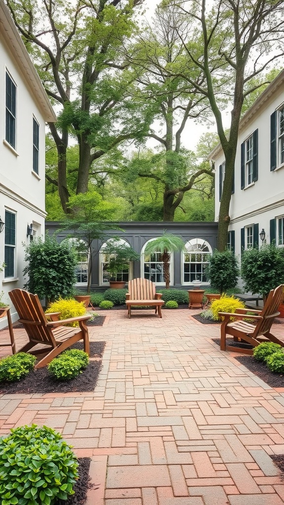 A serene outdoor patio featuring wooden chairs surrounded by vibrant greenery and landscaped pathways.