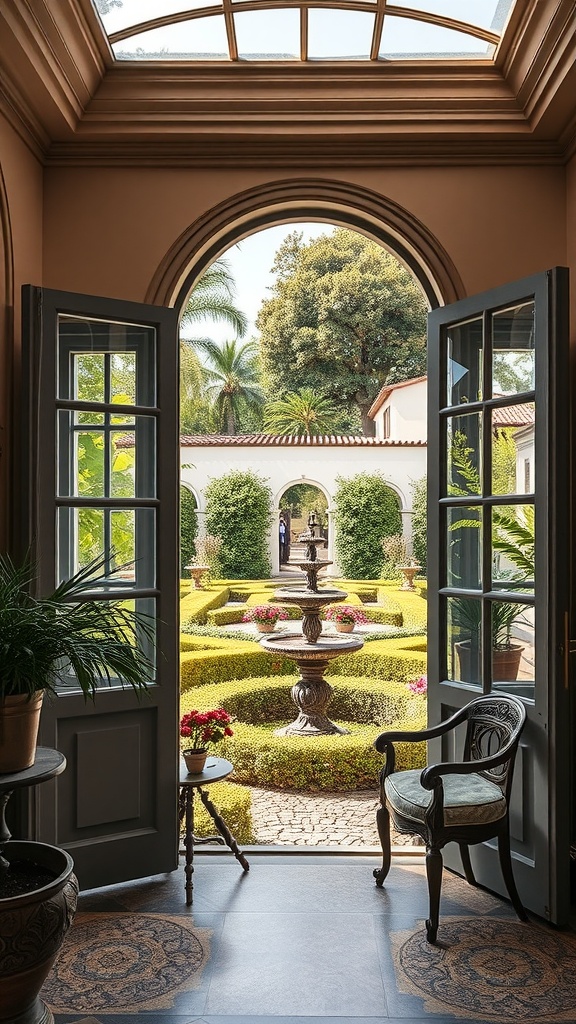 View of an elegant garden through open doors, showcasing a fountain and lush greenery.