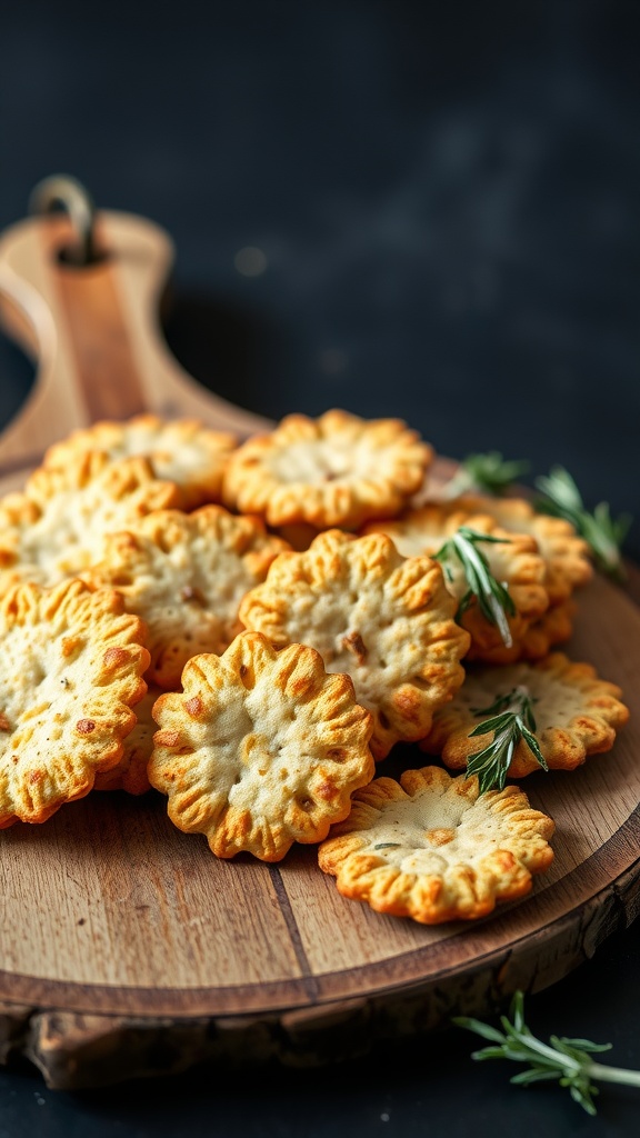 Keto garlic and rosemary crackers on a wooden board