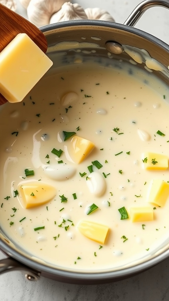 A pot of creamy sauce with garlic and butter