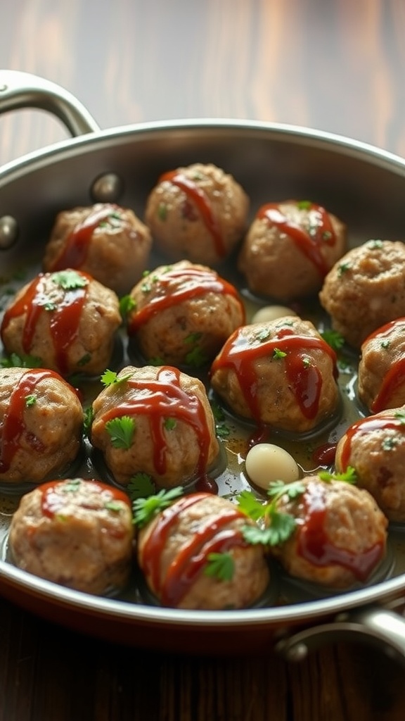 Garlic butter meatballs in a skillet garnished with herbs