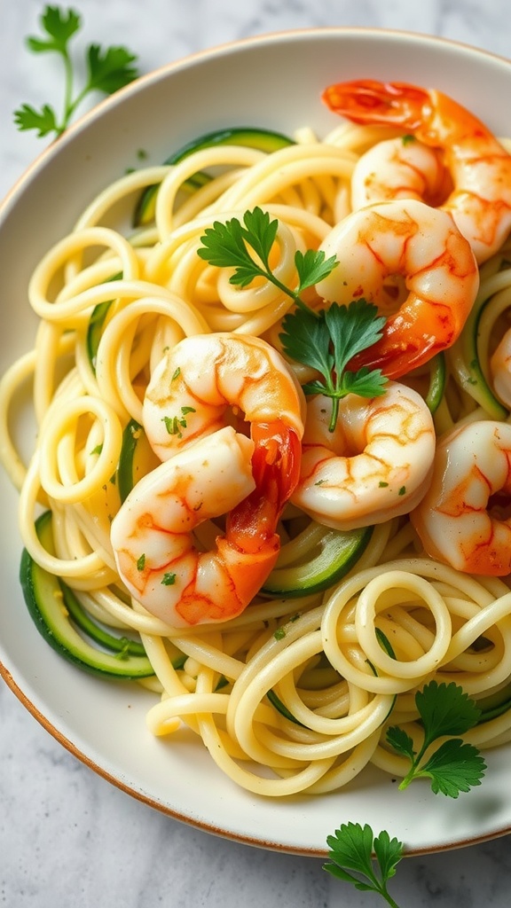 A delicious plate of garlic butter shrimp served over zucchini noodles garnished with fresh parsley.