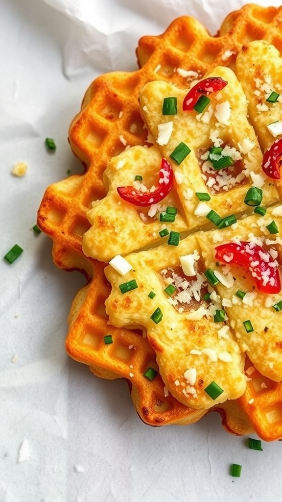 Garlic Parmesan Chaffle with chives and red peppers on top