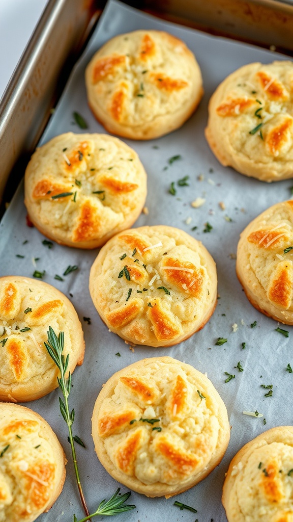 Delicious golden brown Garlic Parmesan Keto Biscuits with herbs