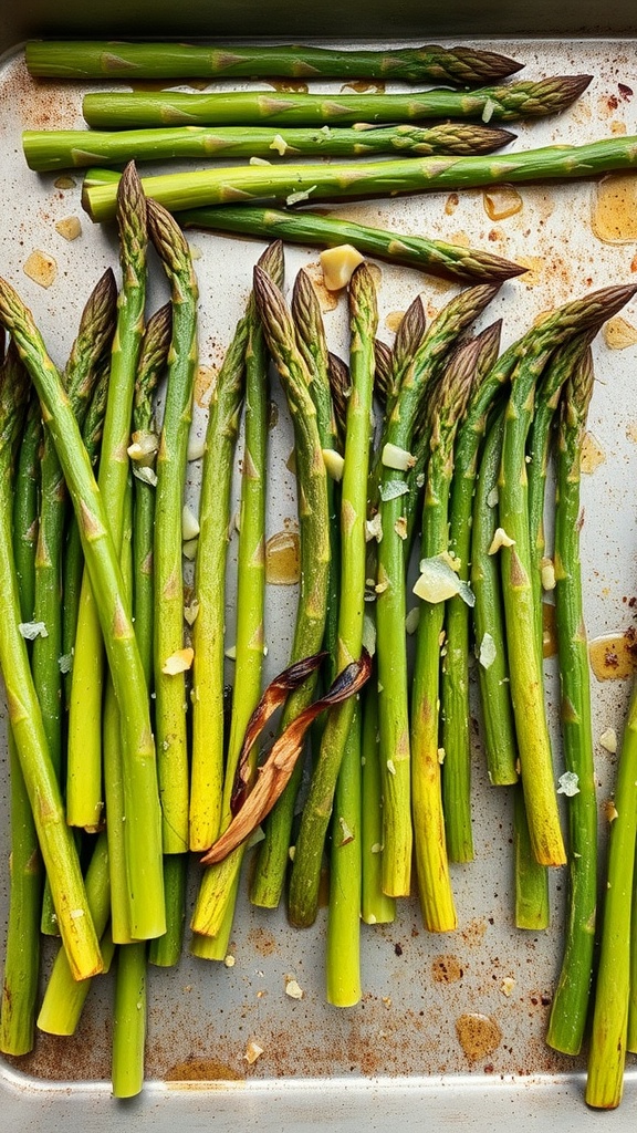 Garlic roasted asparagus on a baking sheet