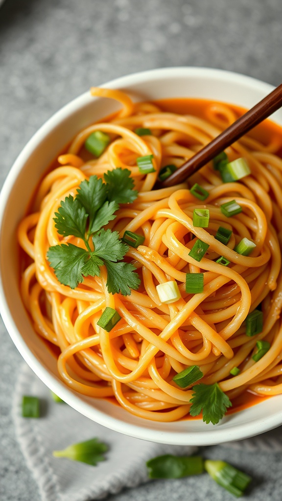 A bowl of Hakka noodles garnished with fresh herbs and green onions.