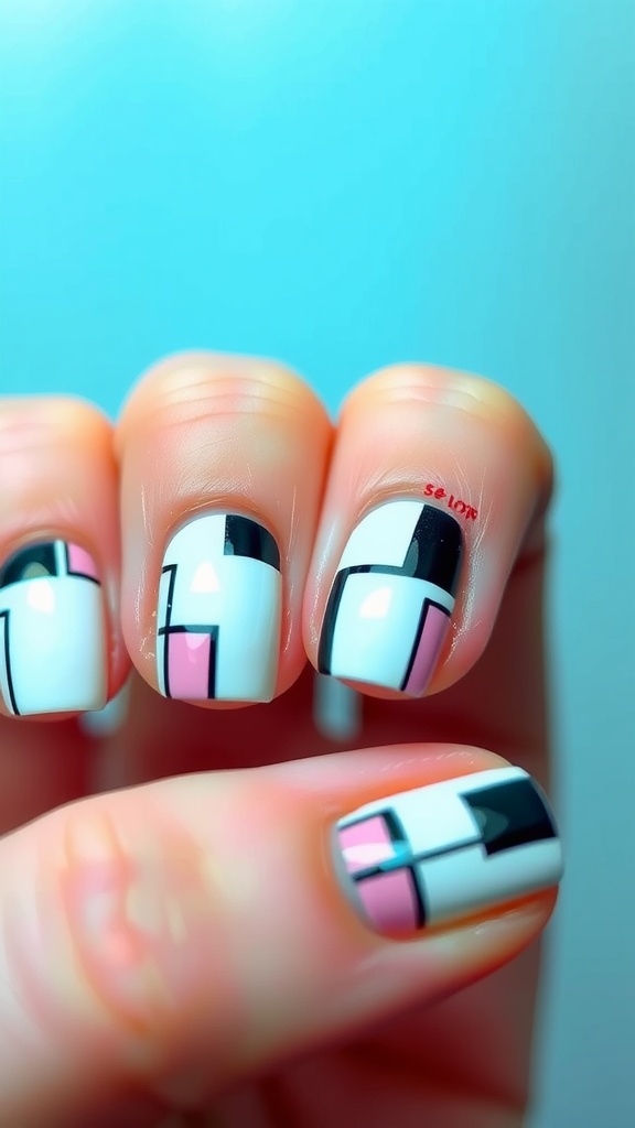 Close-up of short square nails featuring geometric designs in black, pink, and white.