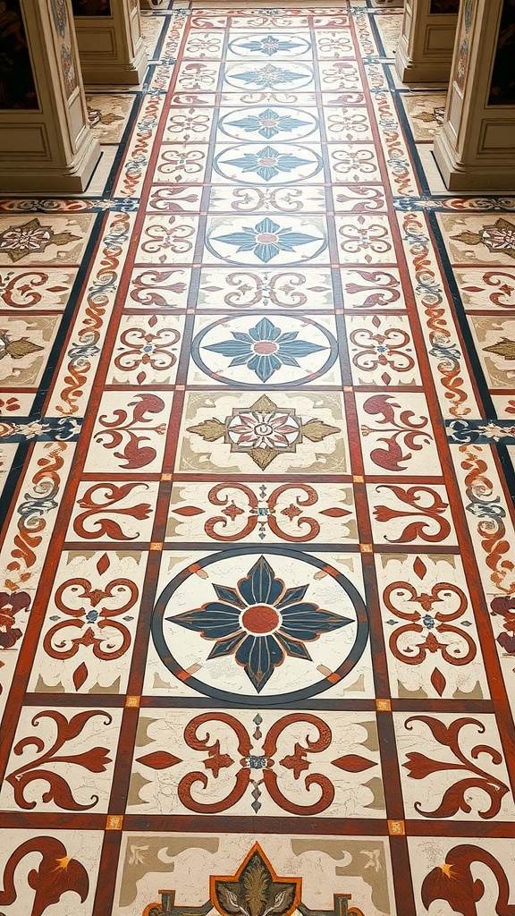 Decorative tiled floor with geometric patterns in a neoclassical interior