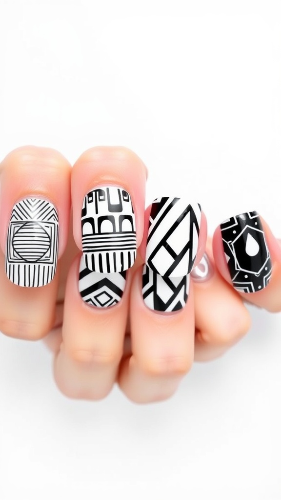 Square acrylic nails featuring various geometric patterns in black and white.