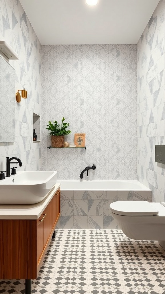 Modern bathroom interior featuring geometric tile patterns on walls and floor.