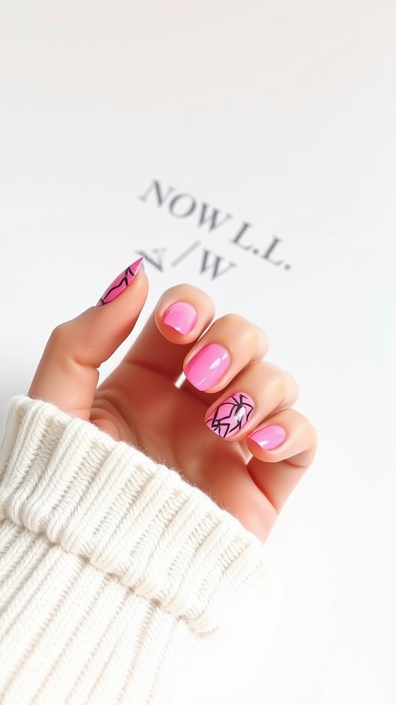 A close-up of a hand with pink chrome nails featuring geometric patterns, against a soft background.