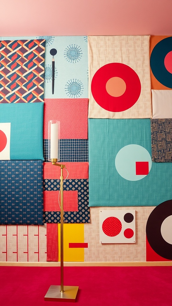 Interior featuring geometric patterns on walls and fabrics in retro futurism style.