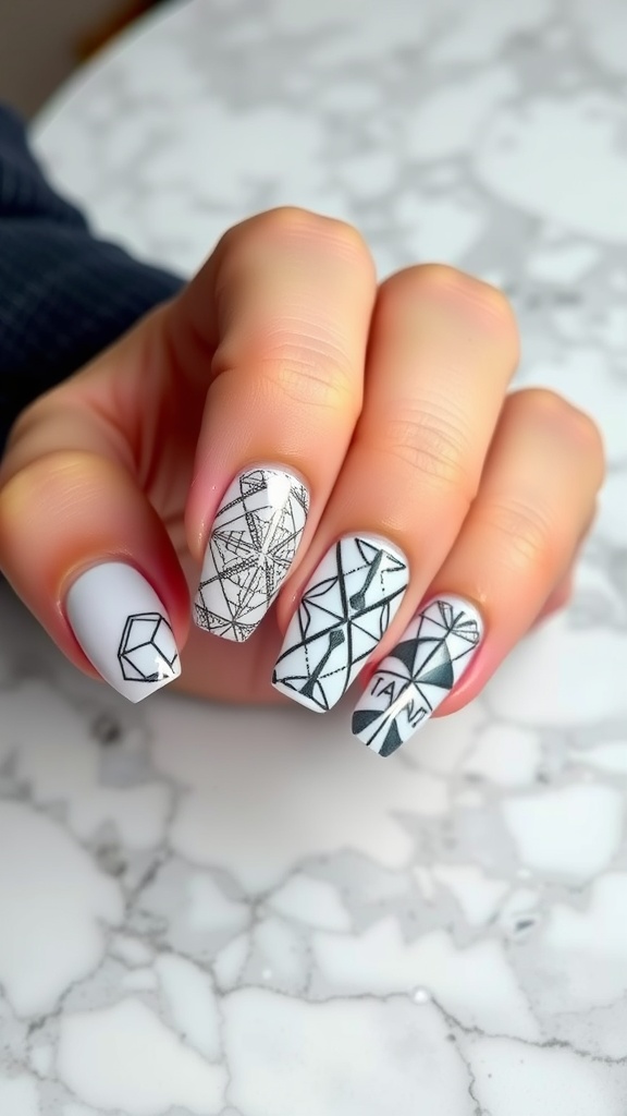 White chrome nails with geometric black patterns