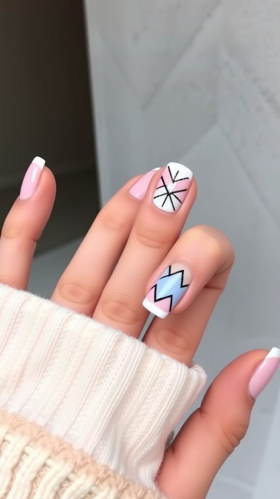 Close-up of hand with baby pink French tip nails featuring geometric patterns.