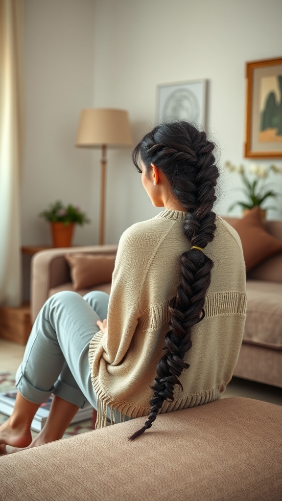 A woman with a long, giant braid sitting on a couch.