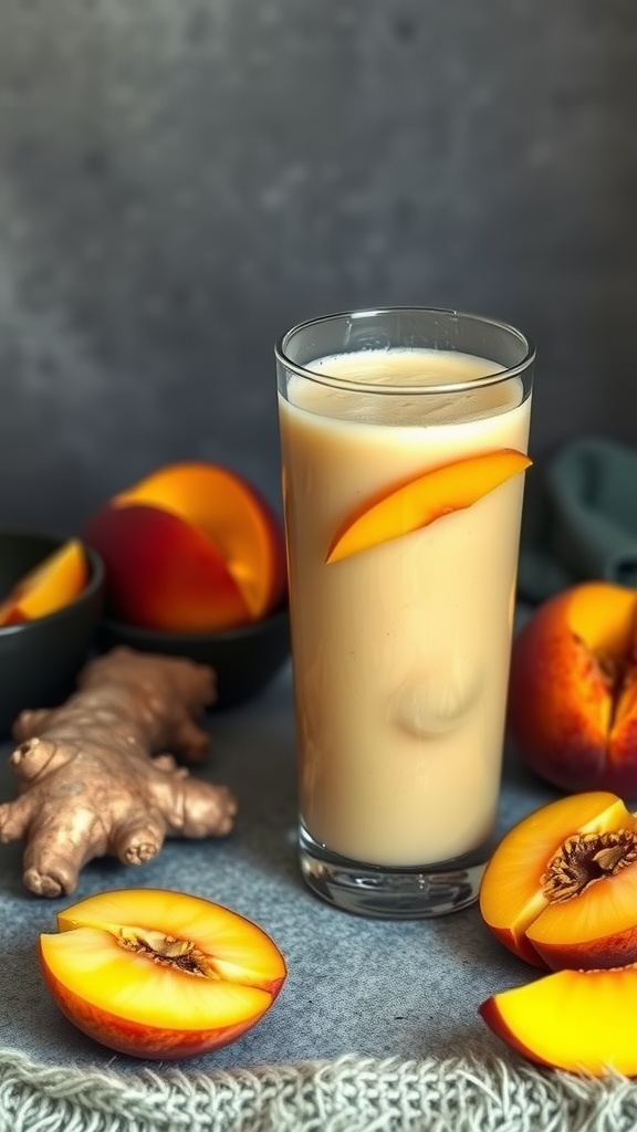 A refreshing ginger peach fiber smoothie in a glass, surrounded by fresh peaches and ginger.