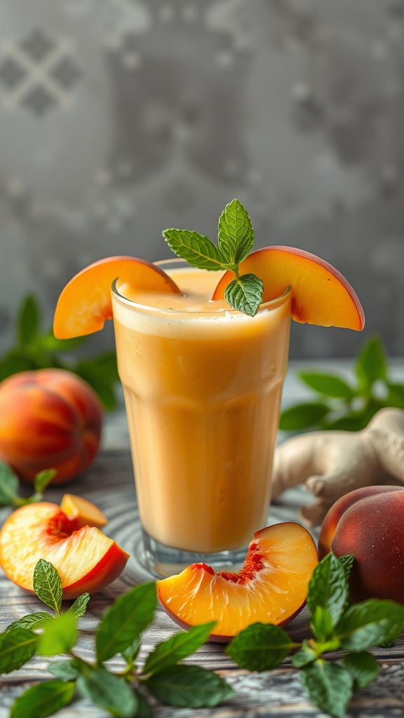 A refreshing ginger peach smoothie garnished with mint leaves.