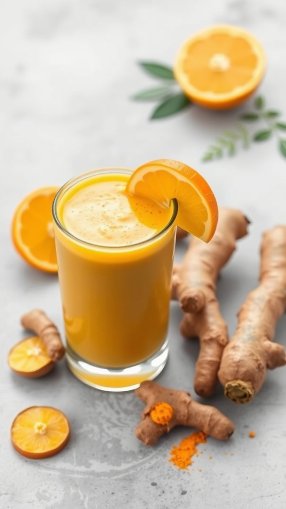 A glass of vibrant ginger turmeric smoothie decorated with an orange slice.