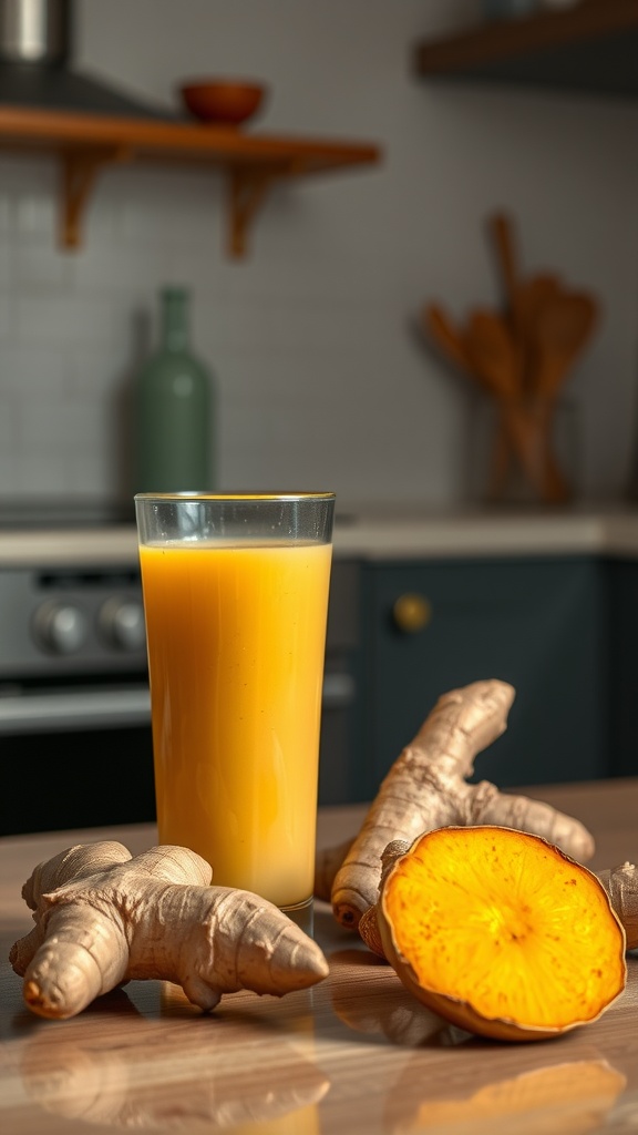 A glass of ginger turmeric smoothie with fresh ginger and turmeric root on a kitchen counter.