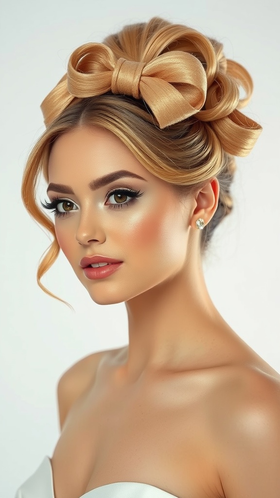 A woman with a glamorous bow hairstyle featuring soft waves.