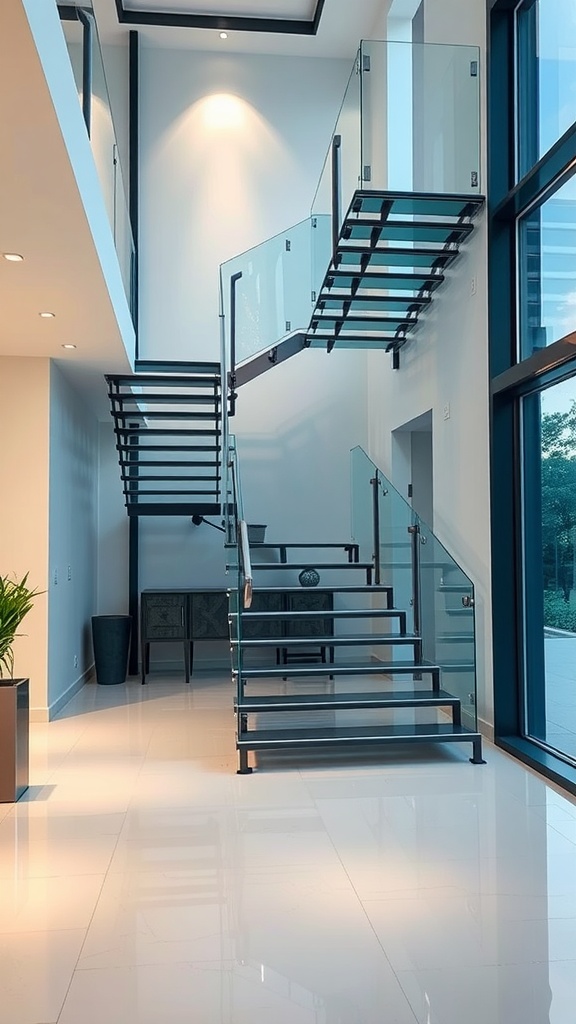 Modern interior staircase design featuring glass and steel elements.