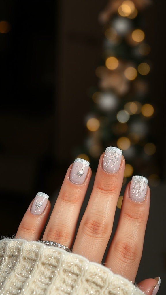 Close-up of hands with white French tip nails accented with glitter, set against a blurred background.