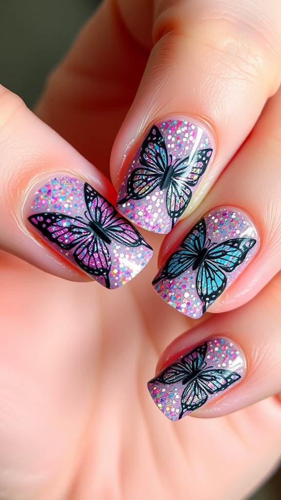 Nail design featuring butterflies with glitter accents.