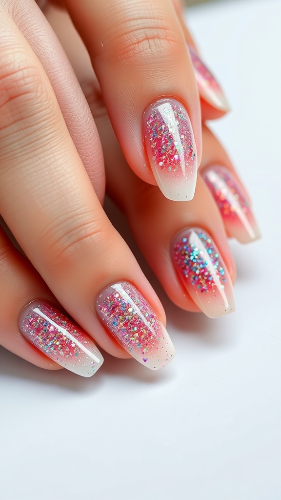Close-up of oval nails featuring glitter and an ombre design.