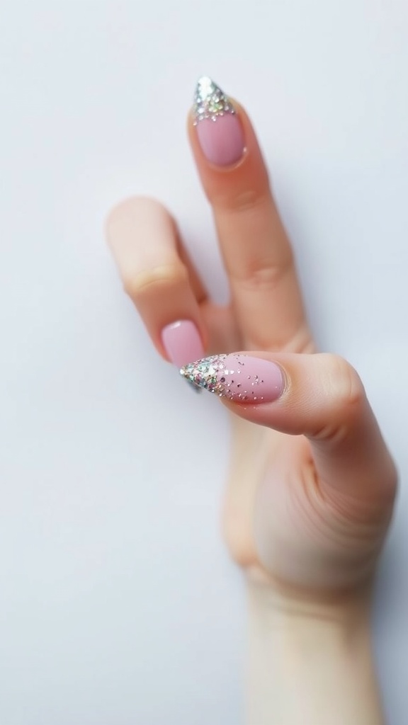 A hand showing off glittery baby pink French tip nails.