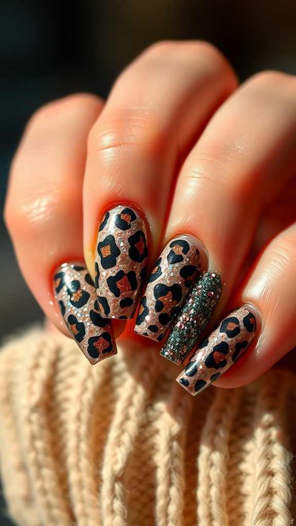 Close-up of glittery leopard nail art design on long nails.