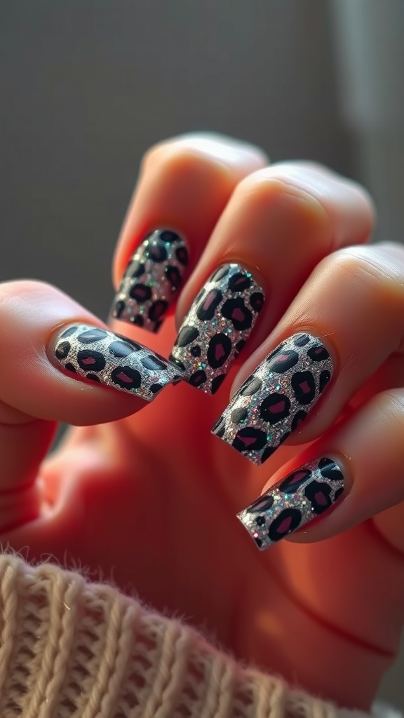 Glittery leopard print nails in a stylish design.