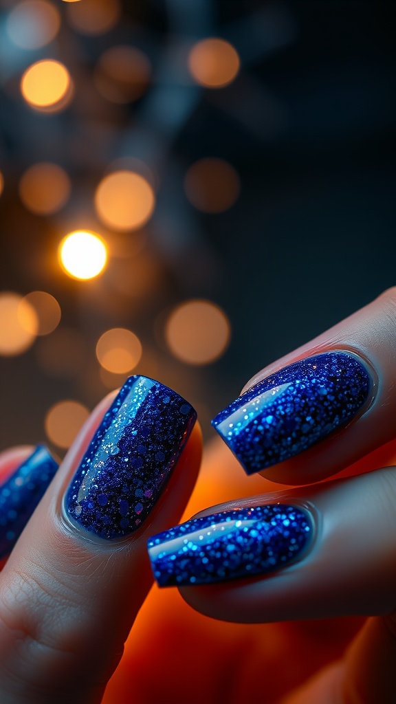 Close-up of glittery blue nails against a blurred background of warm lights.