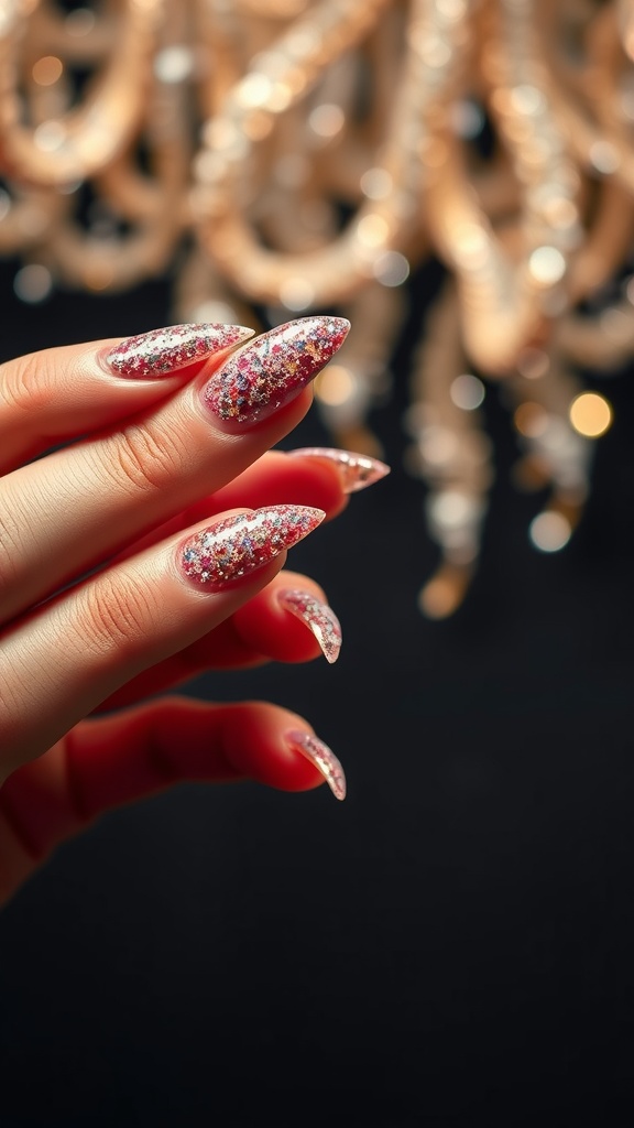 A close-up of glittery stiletto nails against a dark background, showcasing their sparkle and shape.