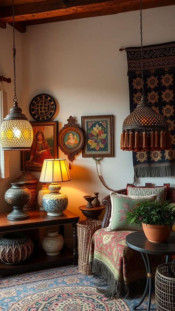 Cozy bohemian interior with patterned textiles, unique decor items, and warm lighting.