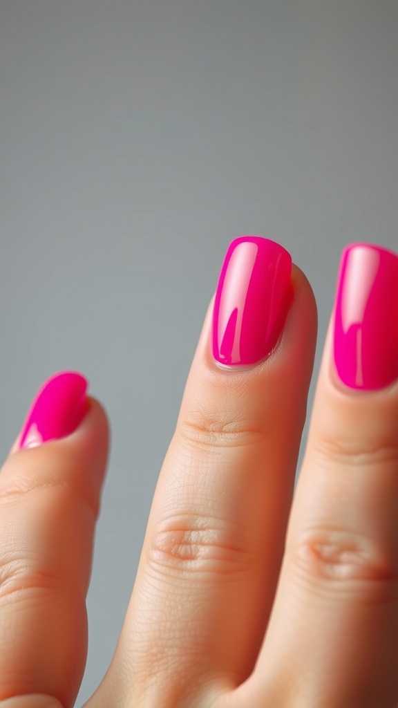 Close-up view of glossy hot pink nails on fingers